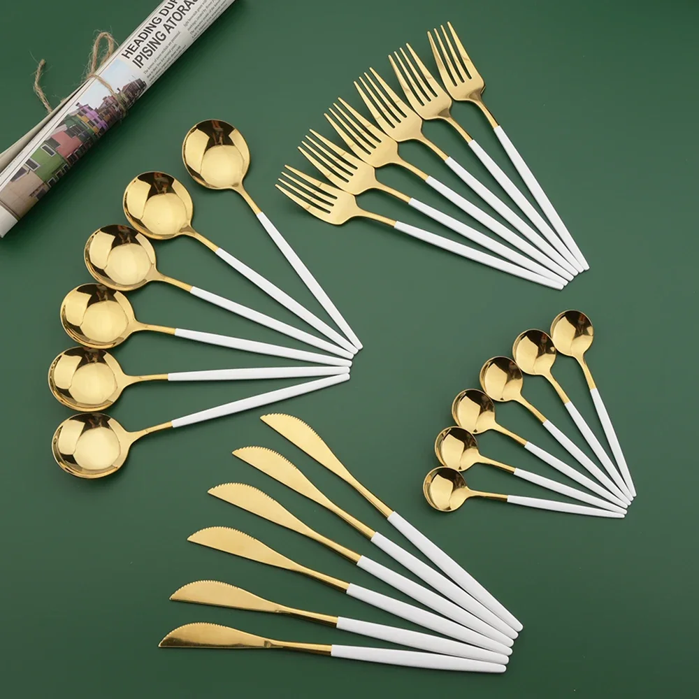 Commercial Kitchen Knife Set - Conjunto de Talheres Branco e Dourado